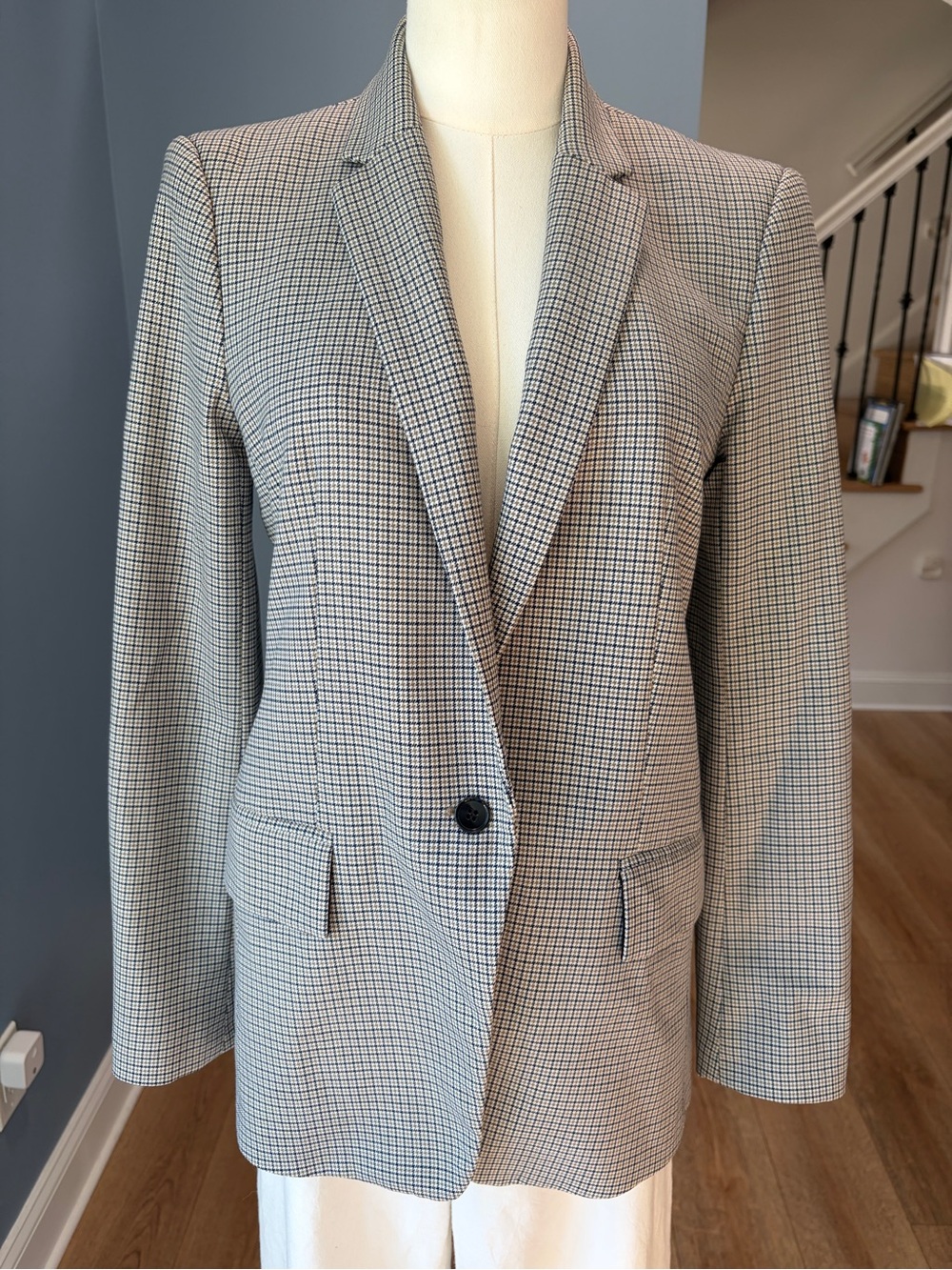 Club Monaco Blue Green Houndstooth Plaid Blazer Tailored Single Button Size 6